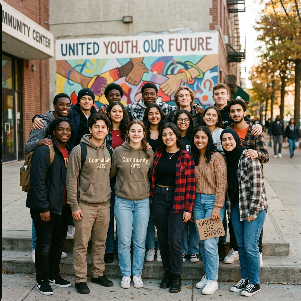 Diverse group of smiling young people standing together outdoors in front of a colorful mural that reads 'United Youth, Our Future'
